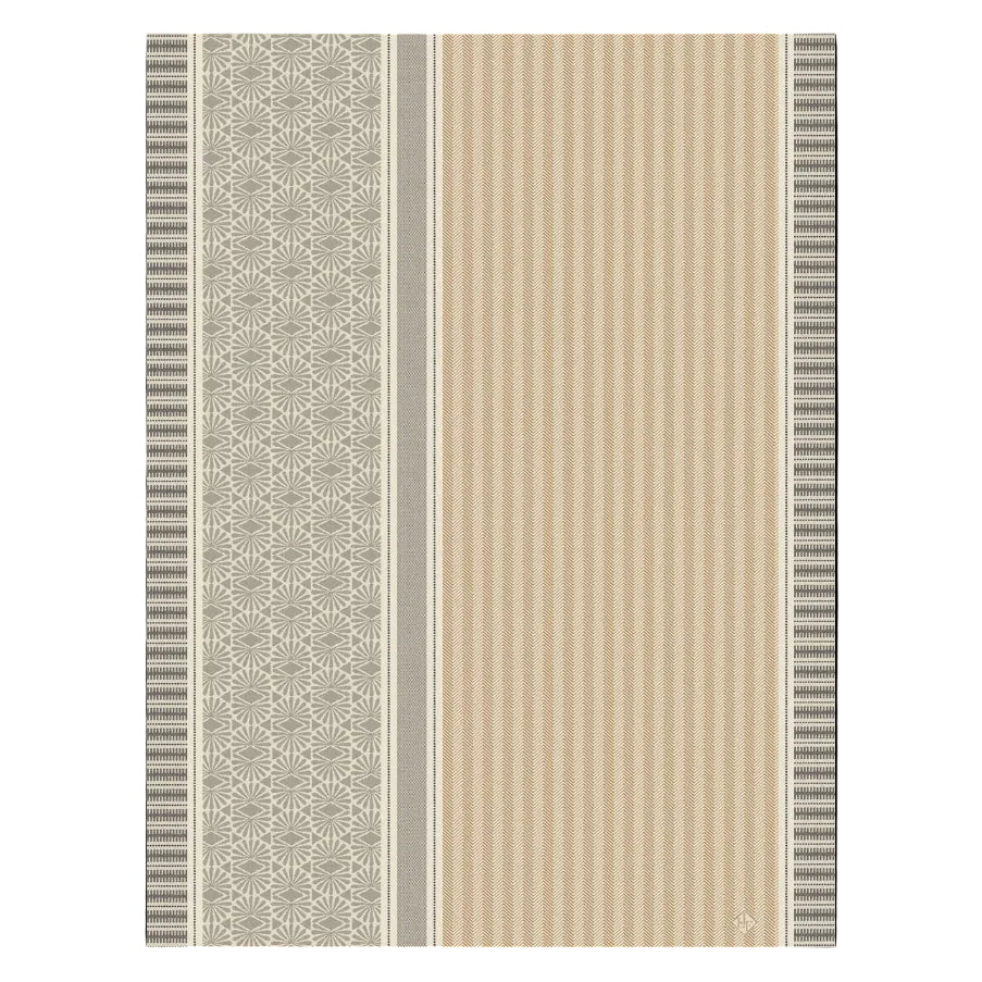 Patterned fabric with vertical stripes and geometric designs on a beige background
