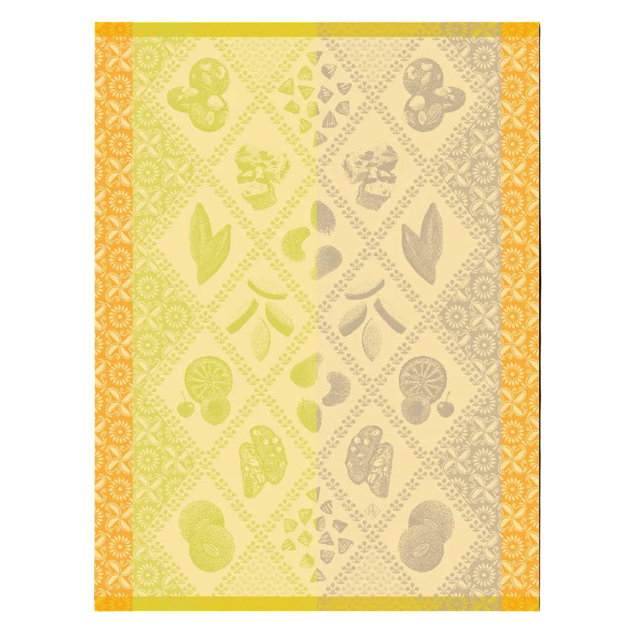 Patterned fabric with green, gray, and orange colors on a yellow background