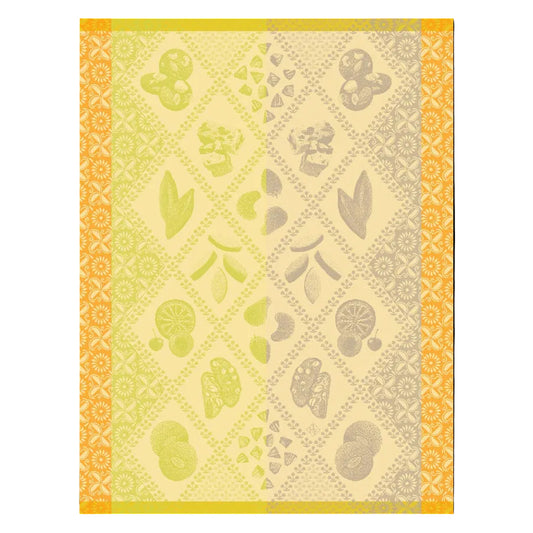 Patterned fabric with green, gray, and orange colors on a yellow background