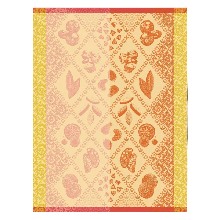 Patterned tea towel with decorative elements on a yellow and pink background
