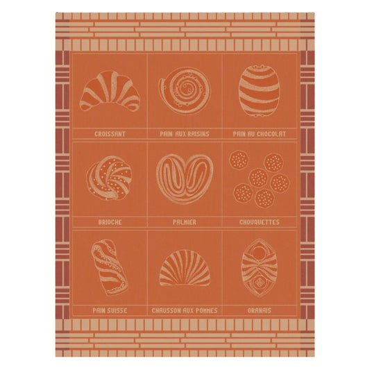 Showing nine French pastries arranged on an orange background, with a decorative border. The pastries are drawn in pale peach lines, and each is labeled in French: croissant, pain aux raisins, pain au chocolat, broche, palmier, chouquettes, pain suisse, croissant aux pommes, and orannis.