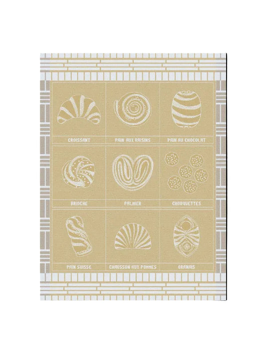 A square decorative print featuring nine illustrated French pastries arranged ion a beige background with a light gray patterned border. The illustrations are rendered in pale cream tones, with labels including croissant, pain aux raisins, pain au chocolat, broche, palmier, chouquettes, pain suisse, chausson aux pommes, and ornement.