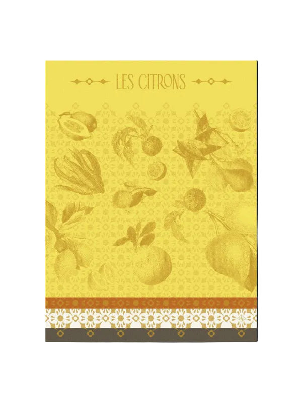 'LES CITRONS' at the top and multiple illustrated citrus fruits and leaves scattered across the surface. The design includes a repeating ornamental pattern and a patterned border along the bottom.