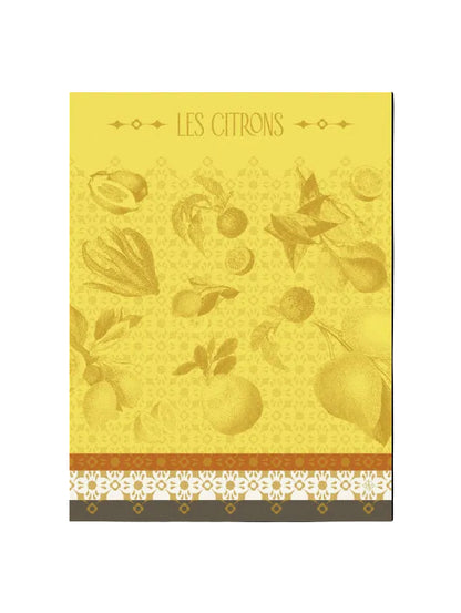 'LES CITRONS' at the top and multiple illustrated citrus fruits and leaves scattered across the surface. The design includes a repeating ornamental pattern and a patterned border along the bottom.