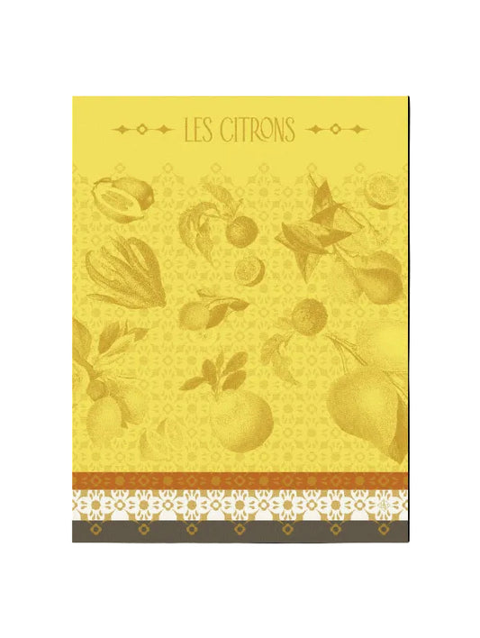 'LES CITRONS' at the top and multiple illustrated citrus fruits and leaves scattered across the surface. The design includes a repeating ornamental pattern and a patterned border along the bottom.