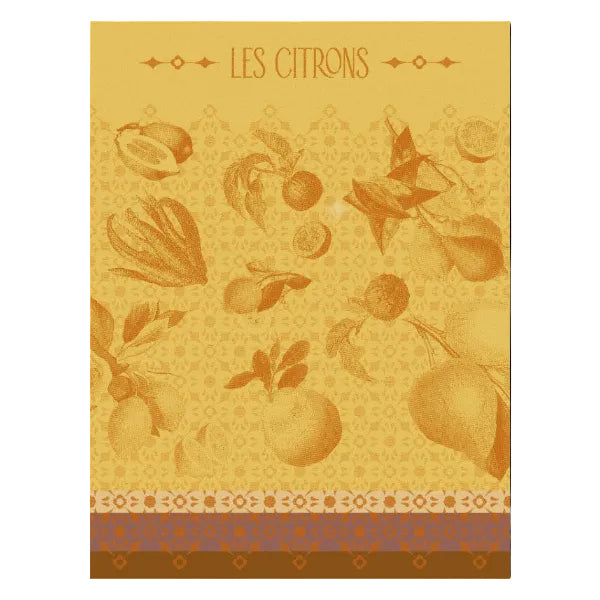  'LES CITRONS' at the top, with a vintage-style botanical illustration of citrus fruits and leaves in warm golden yellow and orange tones. The design includes a repeating ornamental pattern and a patterned border along the bottom.