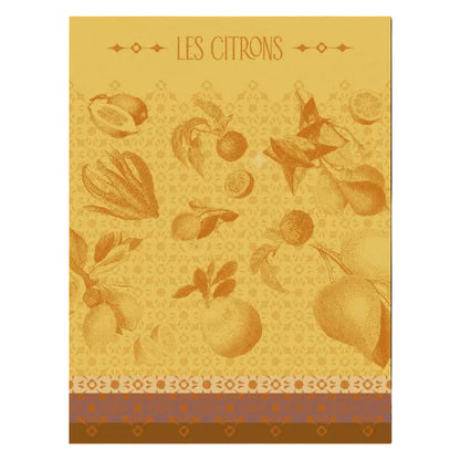  'LES CITRONS' at the top, with a vintage-style botanical illustration of citrus fruits and leaves in warm golden yellow and orange tones. The design includes a repeating ornamental pattern and a patterned border along the bottom.