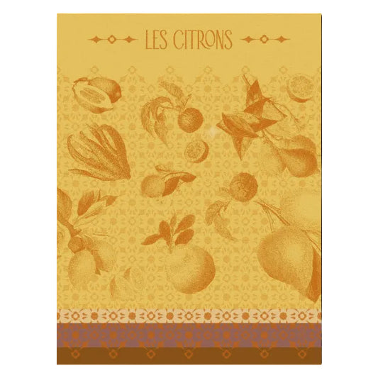  'LES CITRONS' at the top, with a vintage-style botanical illustration of citrus fruits and leaves in warm golden yellow and orange tones. The design includes a repeating ornamental pattern and a patterned border along the bottom.
