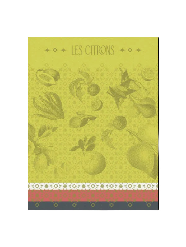 'LES CITRONS' featuring a yellow-green background with faded illustrations of lemons, limes, and citrus fruits, plus patterned borders along the bottom.