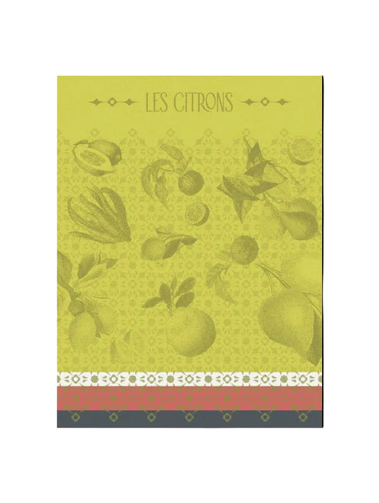 'LES CITRONS' featuring a yellow-green background with faded illustrations of lemons, limes, and citrus fruits, plus patterned borders along the bottom.