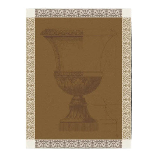 An elegant art print featuring a detailed brown sketch of a classical stone urn, framed by a decorative beige and brown patterned border.