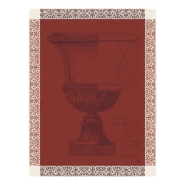 a classical urn illustration in dark brown linework over a solid deep red background, framed by a decorative beige and brown patterned border.