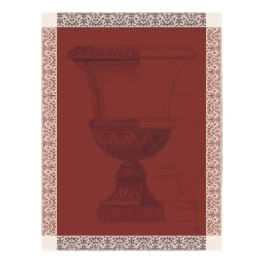 a classical urn illustration in dark brown linework over a solid deep red background, framed by a decorative beige and brown patterned border.