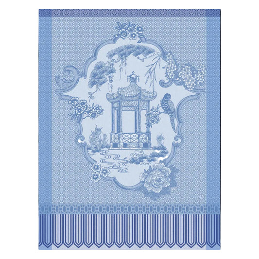 Decorative blue and white pattern with a pagoda design on a blue background