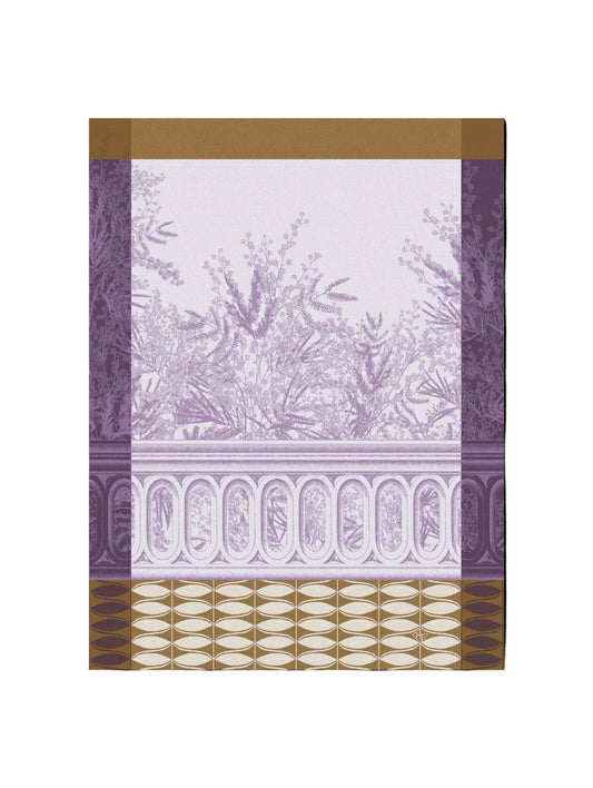 Purple and gold wallpaper featuring a classic French Toile de Jouy pattern with lavender botanical motifs, an arched window motif, and geometric gold pattern borders.