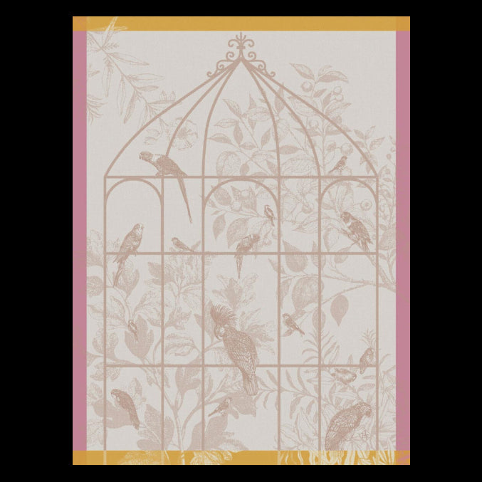 Decorative design with birds and a cage on a patterned background