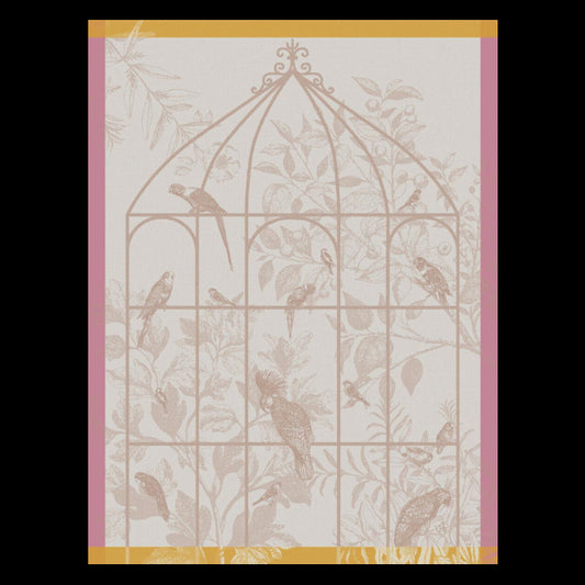 Decorative design with birds and a cage on a patterned background