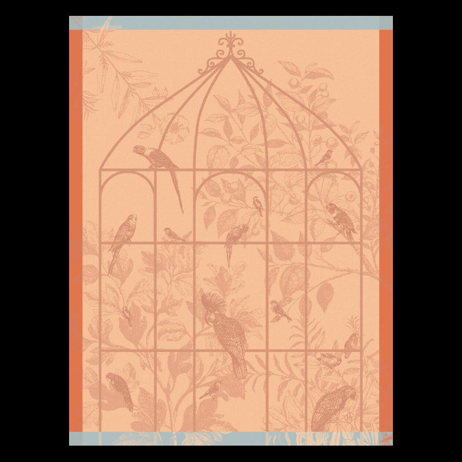 Decorative design of birds and a cage on a patterned background