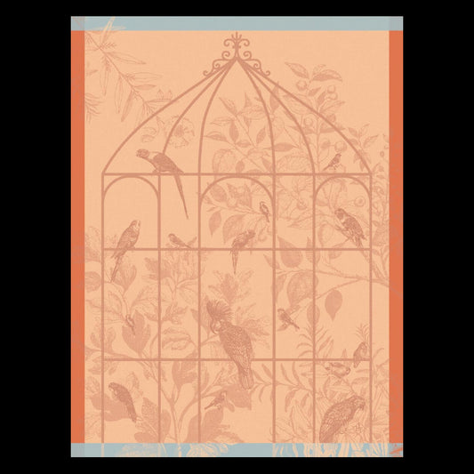 Decorative design of birds and a cage on a patterned background