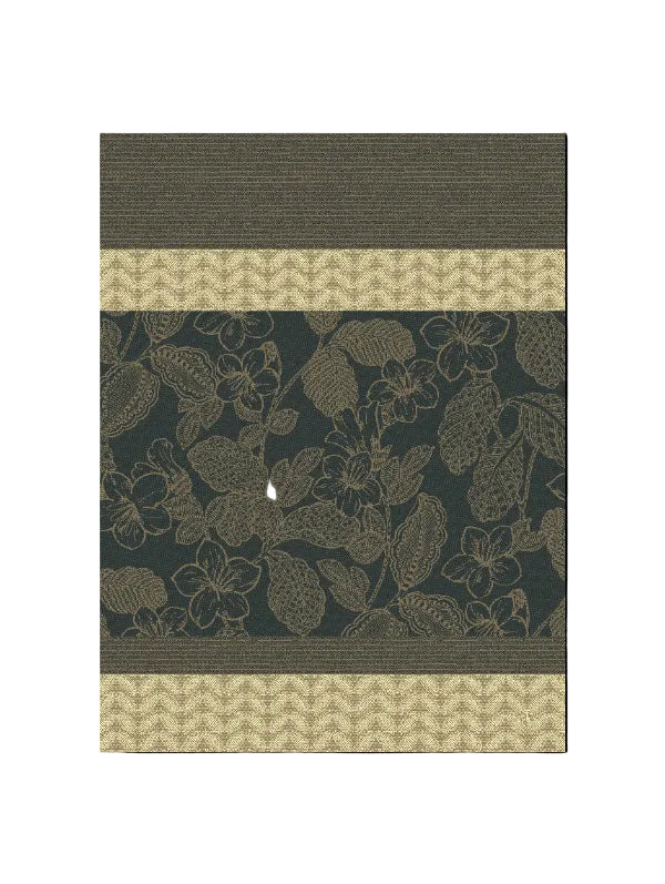Dark charcoal gray fabric featuring a beige floral and leaf pattern, framed by horizontal bands of textured chevron and fine stripe detailing.
