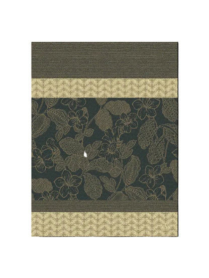 Dark charcoal gray fabric featuring a beige floral and leaf pattern, framed by horizontal bands of textured chevron and fine stripe detailing.