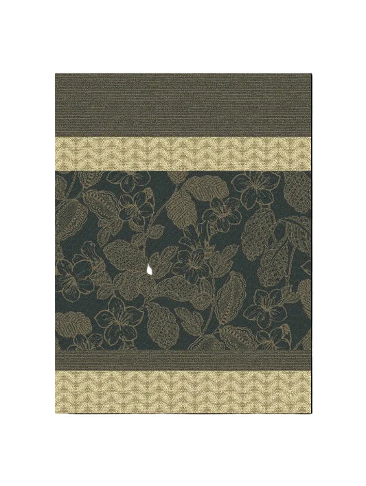 Dark charcoal gray fabric featuring a beige floral and leaf pattern, framed by horizontal bands of textured chevron and fine stripe detailing.