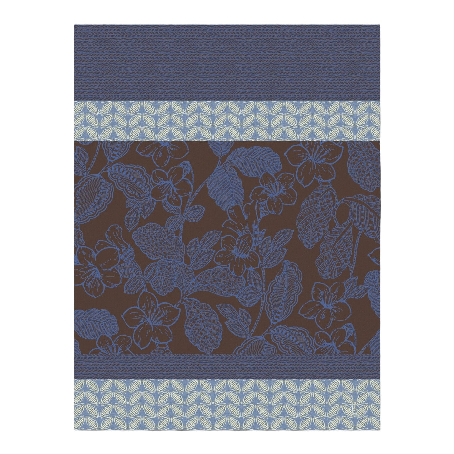 A close-up of a fabric or wallpaper pattern featuring a dark brown background with a blue floral vine design, bordered by blue striped and light blue chevron bands.