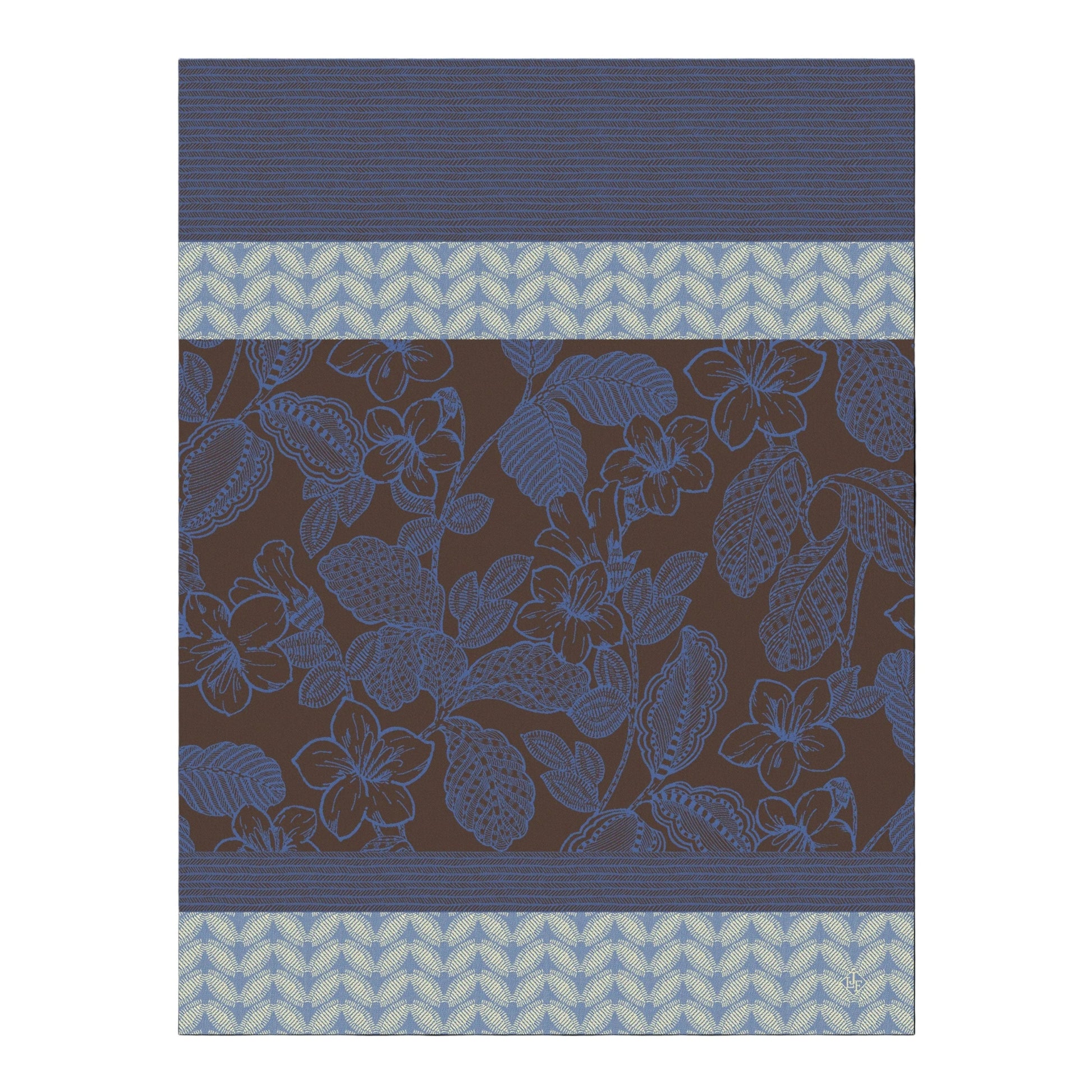 A close-up of a fabric or wallpaper pattern featuring a dark brown background with a blue floral vine design, bordered by blue striped and light blue chevron bands.