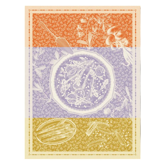 Decorative design with a central circular pattern surrounded by botanical illustrations on an orange, purple, and yellow background.