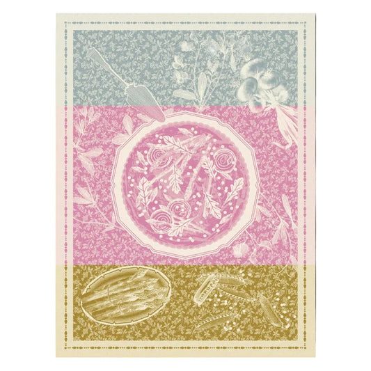 Decorative design with floral patterns and geometric shapes on a pink and gold background