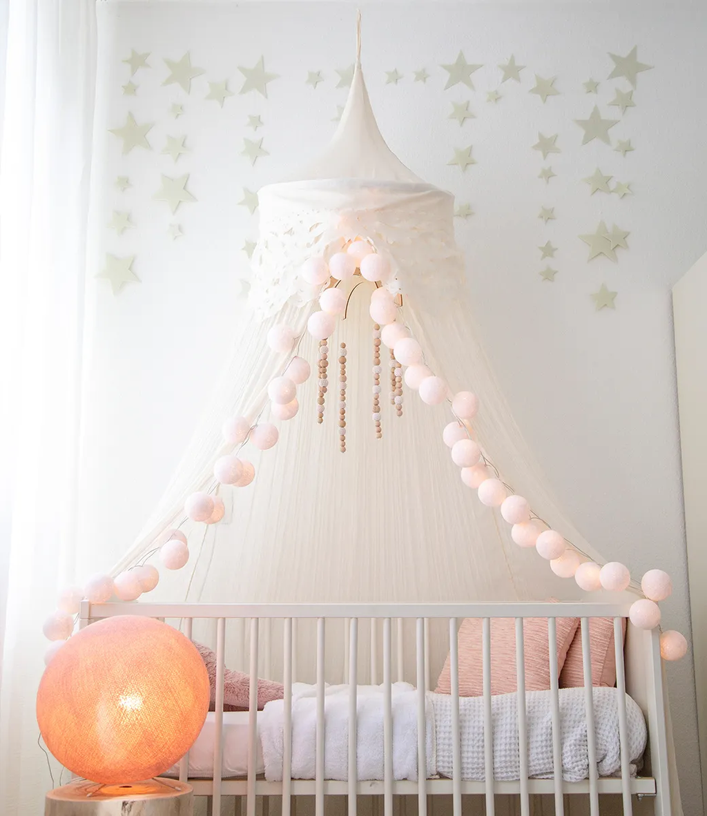 24ft Handmade White Cotton Ball String Lights