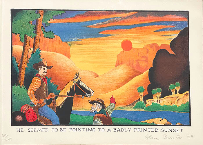 Two Cowboys in front of orange sunset captioned "He seemed to be pointing to a badly printed sunset"