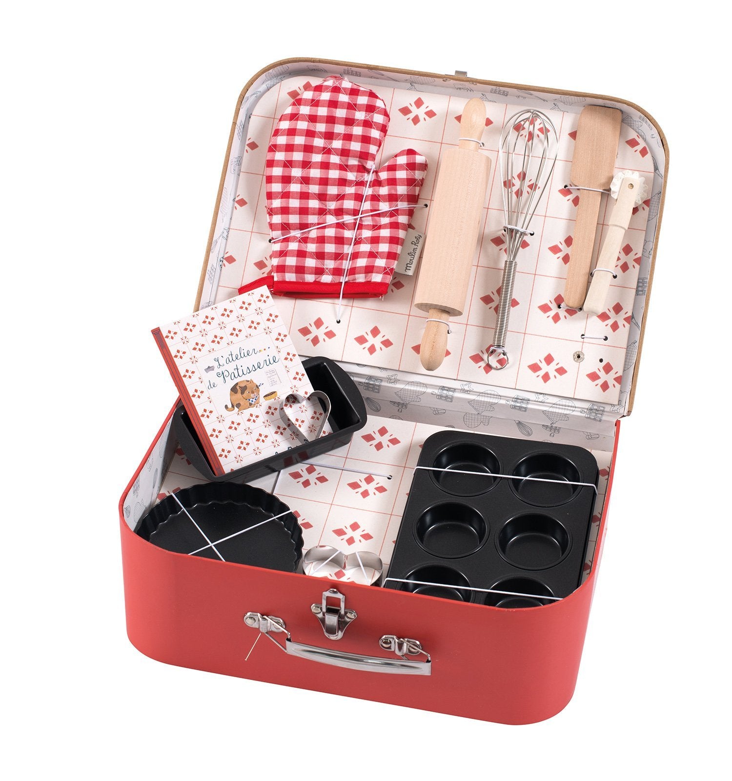 A red tin case with various play-sized baking tools on the inside