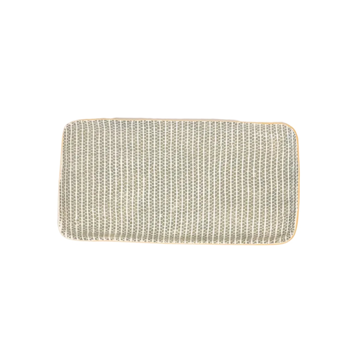 A rectangular ceramic tasting tray with a striped pattern.