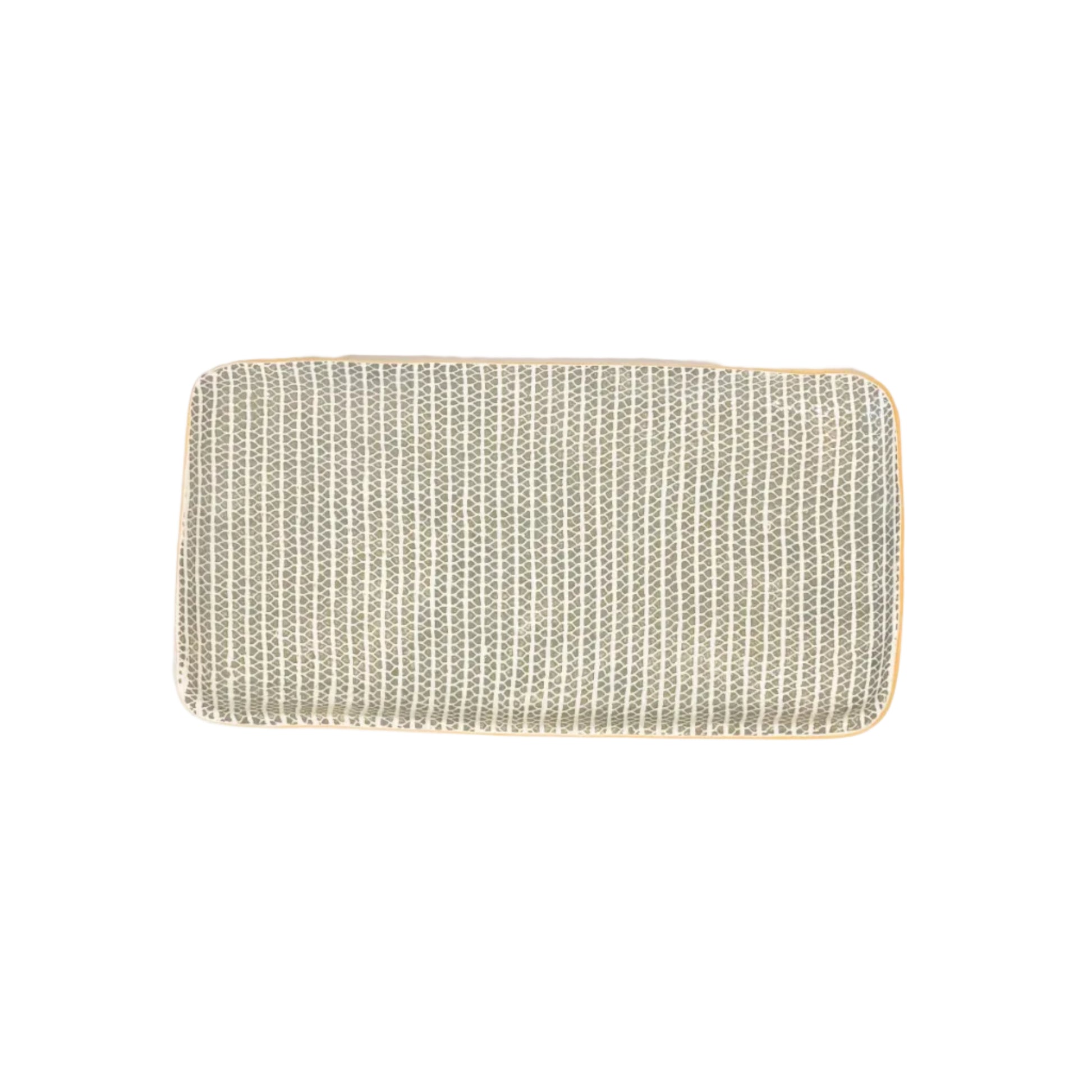 A rectangular ceramic tasting tray with a striped pattern.