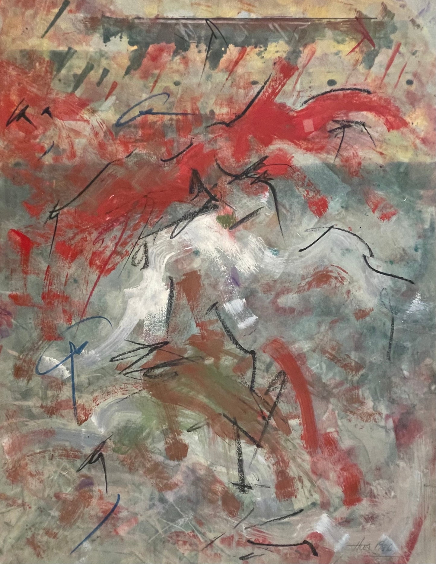 "Red Abstract", Red, White, and Gray Abstract Painting