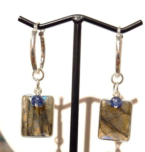 Labradorite &  Sapphire, Silver Earrings