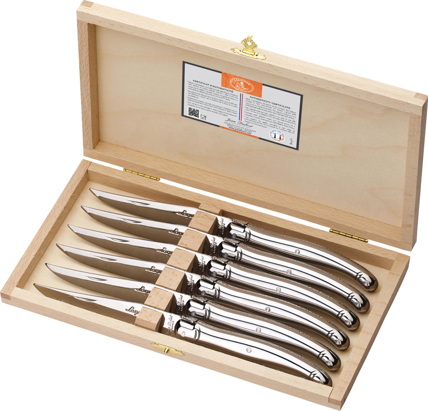 Laguiole Jean Dubost 6-Piece Steak Knife Block Set in Ivory White Handles &  Brass Fittings