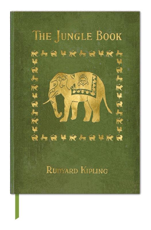 A green book with "The Jungle Book" written at the top with a gold-colored elephant in the center. The Author's name is at the bottom in gold colored font.